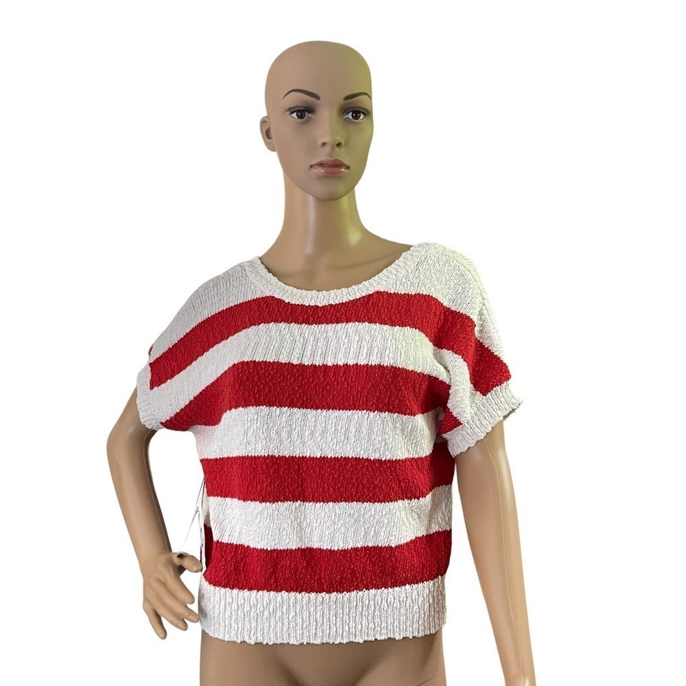 Callahan Revolve Women's‎ V-Back Striped Nubby Cotton Sweater Red White XS New